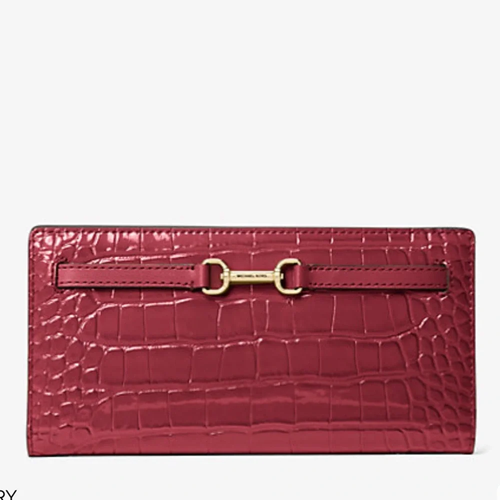 MICHAEL KORS Carson Large Snap Crocodile Embossed Bifold Wallet Cherry  NWT